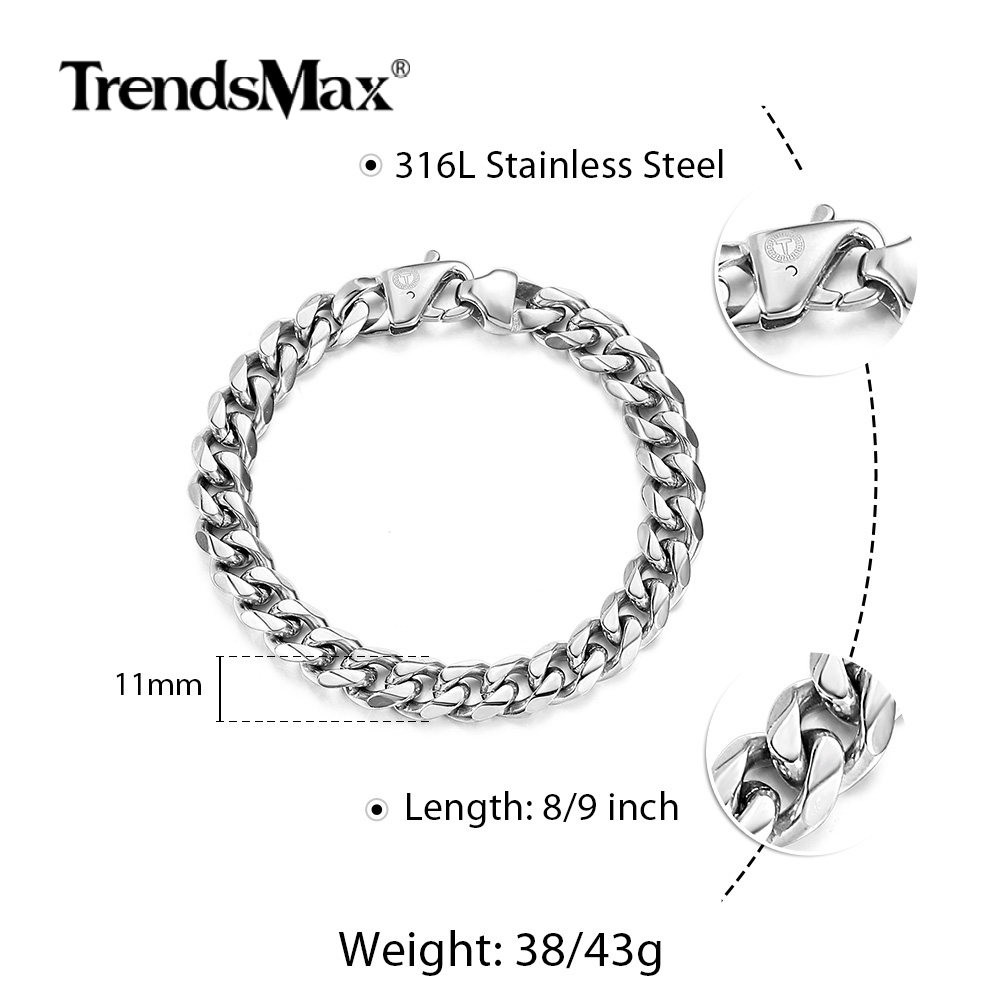 11mm wide 316L Stainless Stee lCuban Curb Chain Bracelet Jewelry for Unisex Men