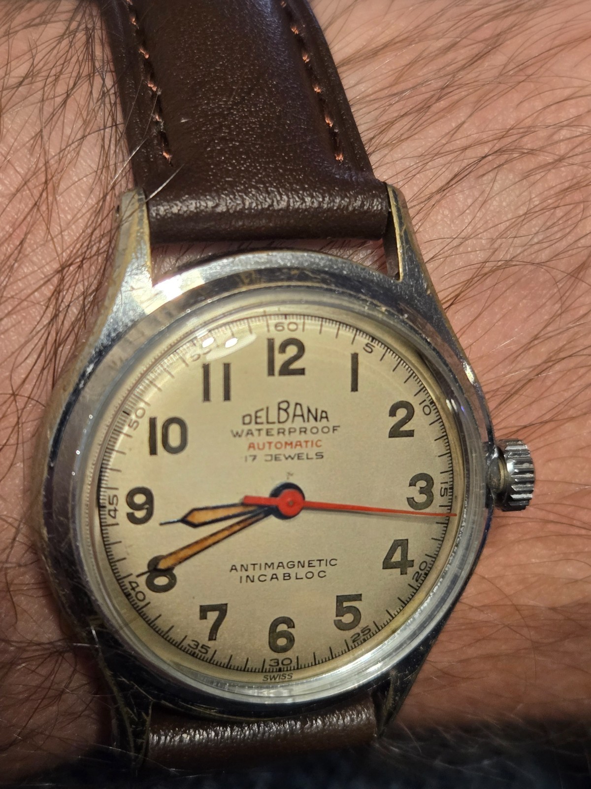 Vintage Delbana – SERVICED – Automatic 17J Bidynator Swiss Watch, New crystal