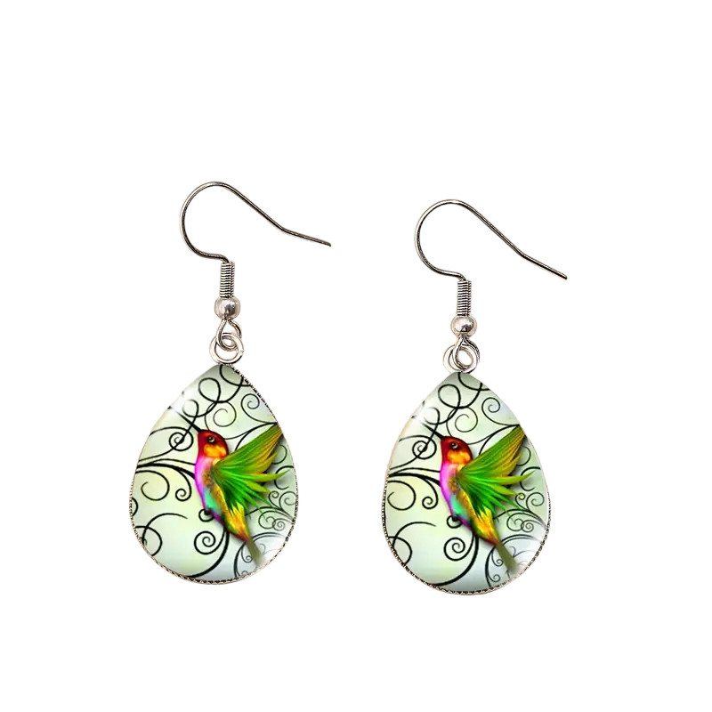 Hummingbird Pattern Water Drop Glass Stainless Steel Dangle Earrings – New