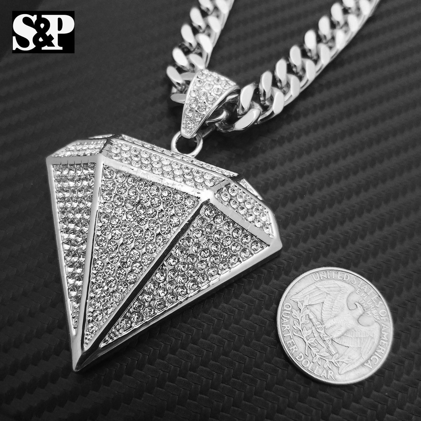 Silver Plated Alloy Cubic Zirconia Big Diamond Shape & 30″ Cuban Chain Necklace