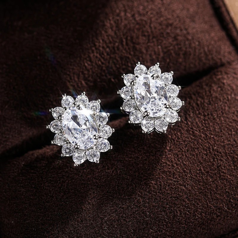 Oval CZ Stud Earrings Full Zircon Wedding Luxury Fashion Jewelry Women