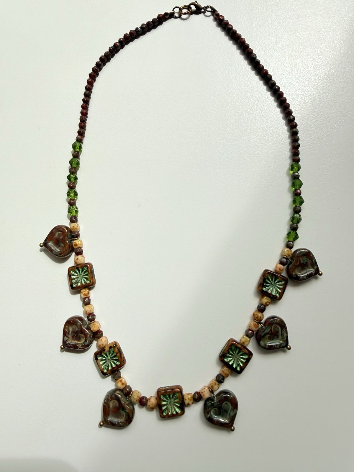 Czech Molded Glass Bead Necklace Hearts and Flowers (3304)