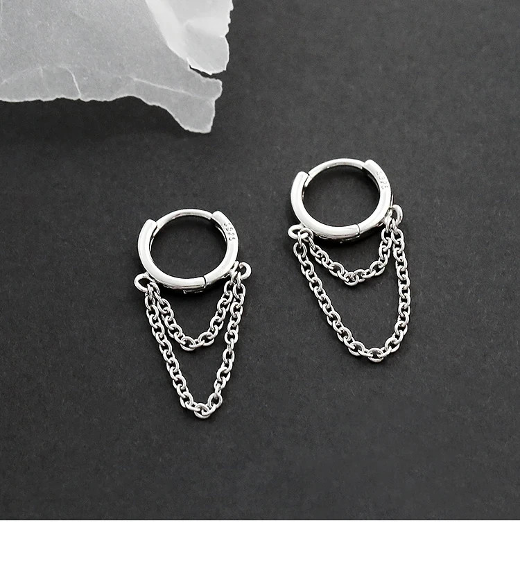 925 Sterling Silver Double Chain Huggie Hoop Earrings Dangle Drop Women Gift