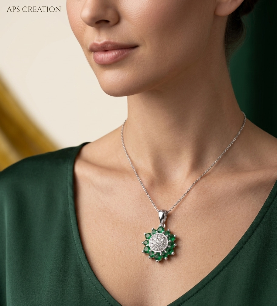 3CT Emerald Moissanite Flower Pendant 14K White Gold Finish Gift for Her