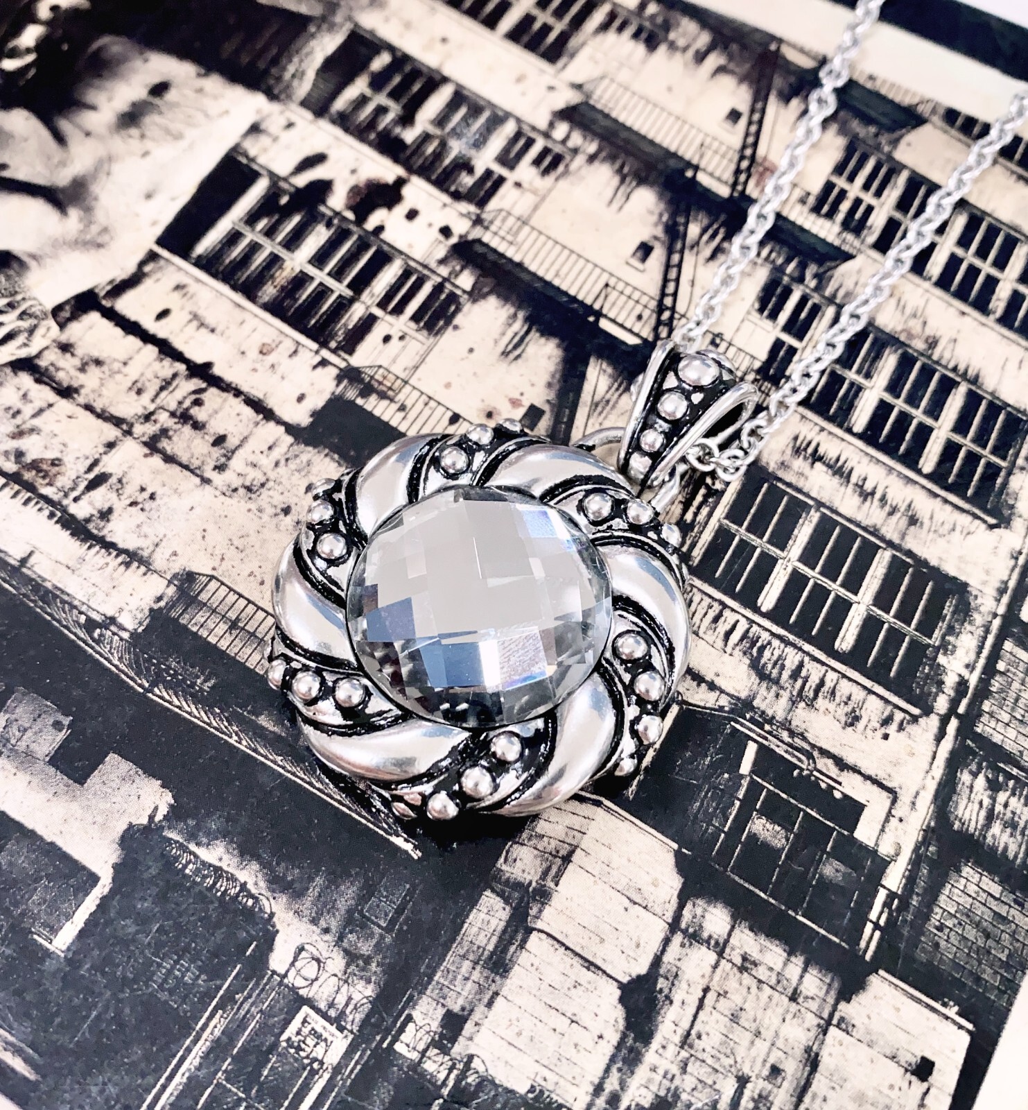 twist round necklace clear faceted glass stainless steel pendant necklace