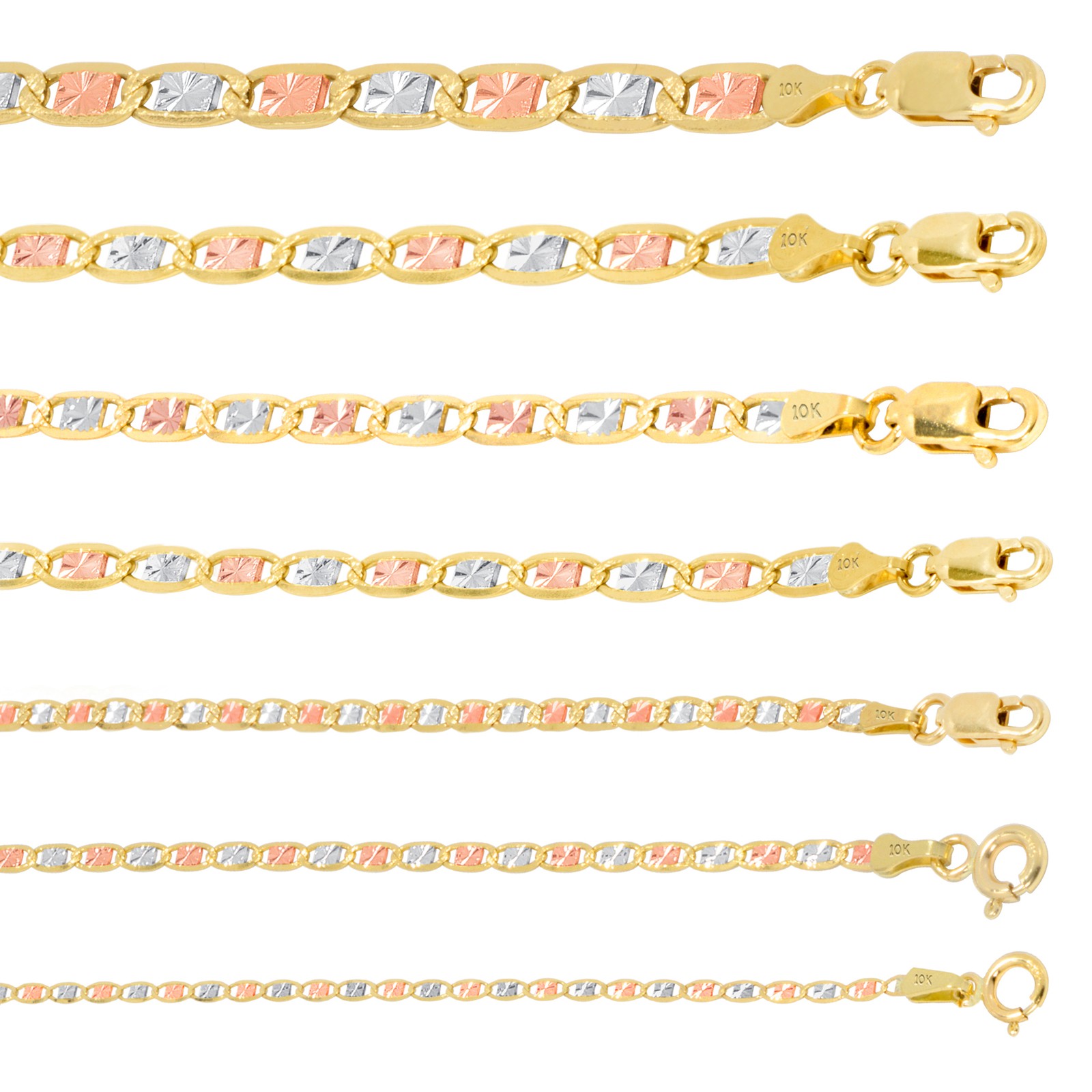10K Tri Color Gold 1.5mm-5mm Valentino Mariner Anchor Chain Necklace 16″- 26″