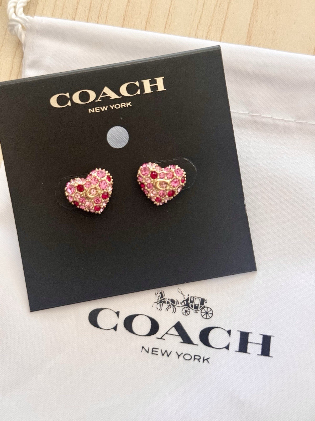 NWT Coach Pavé Heart Stud Earrings with dust bag Gold/Pink Limited Edition