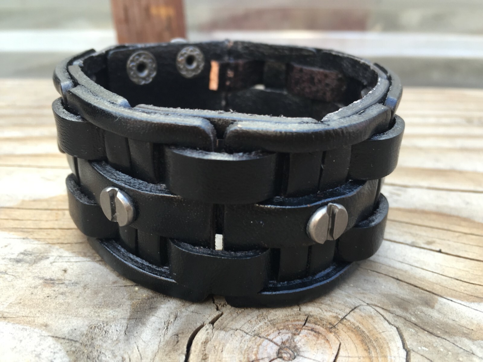 Rock Punk Mens Braided Studded Black Leather Wide Cuff Bracelet Wristband Bangle