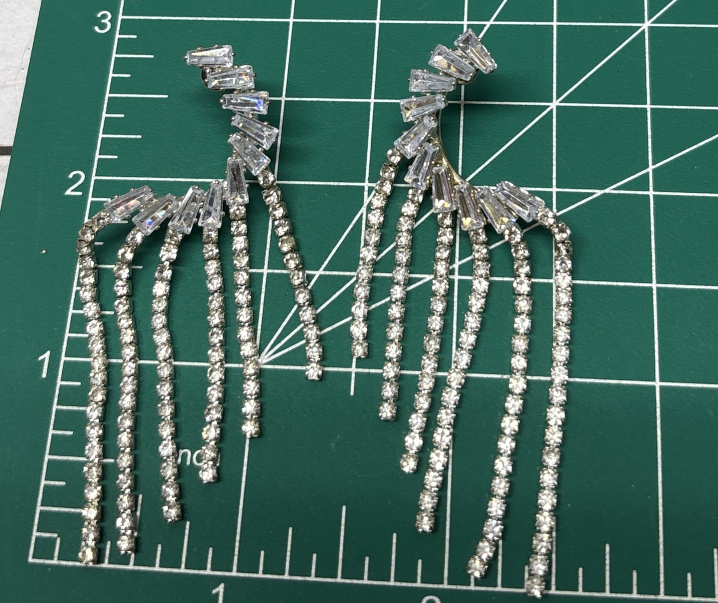 Unsigned Silver Tone Tassel Dangling Crystal Prong Set Earrings About 2.50” Long