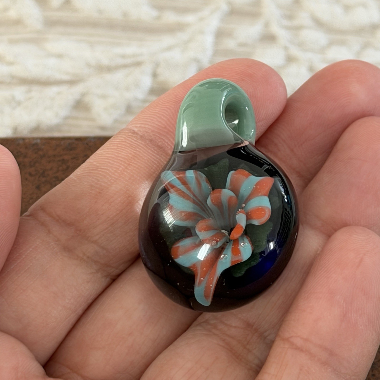 Handblown Glass Pendant Floral Flower Teal Green Orange Blue Unique
