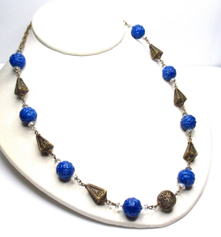 Art Deco Neiger Carved Lapis Glass Necklace