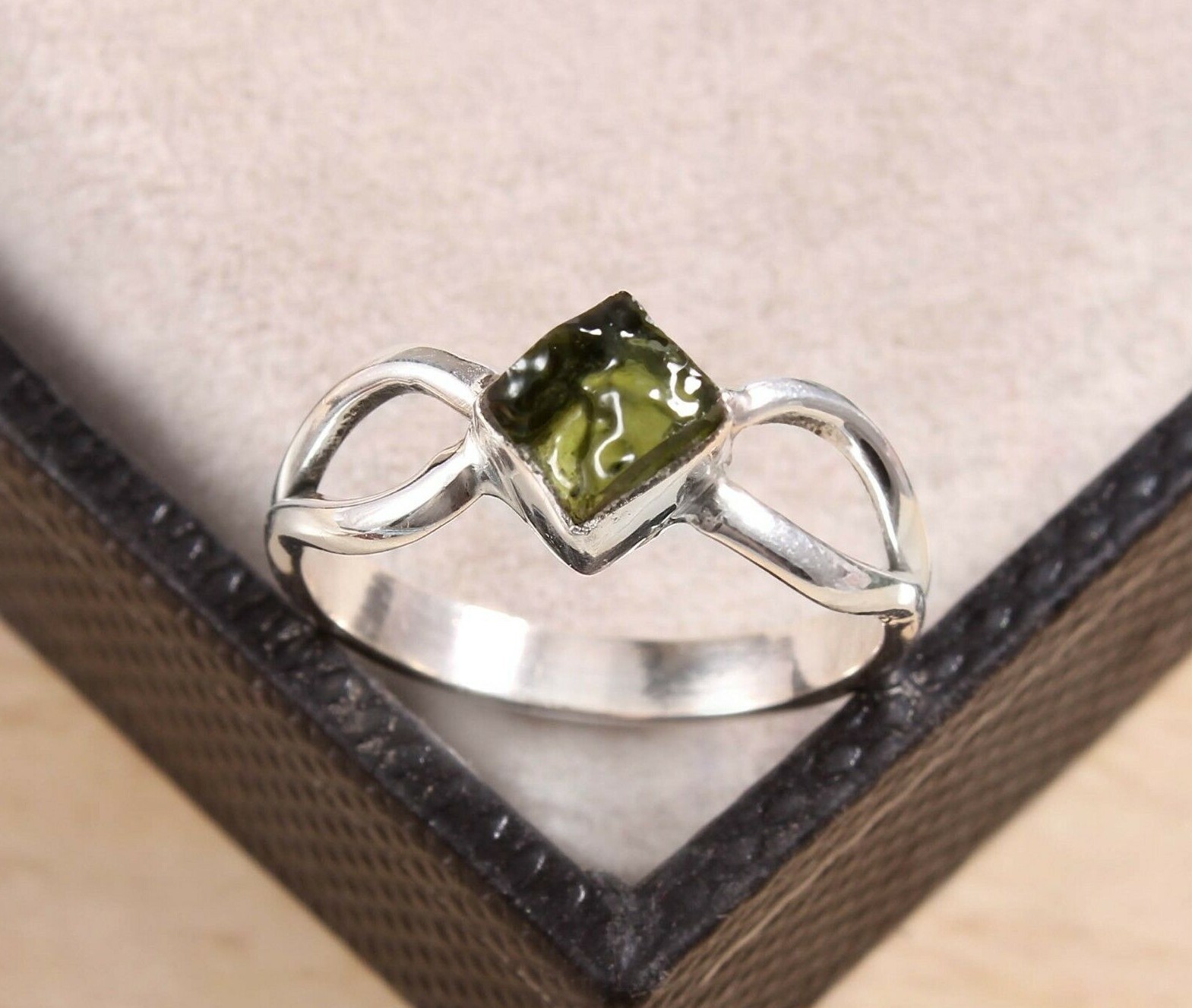 Natural Moldavite Rough Ring Czech Republic Moldavite Ring 925 Sterling Silver