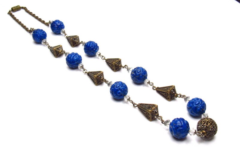 Art Deco Neiger Carved Lapis Glass Necklace