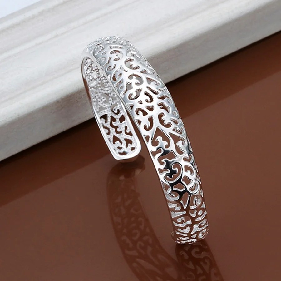925 Sterling Silver Open Bangle Bracelet Women Round Charm Adjustable Jewelry