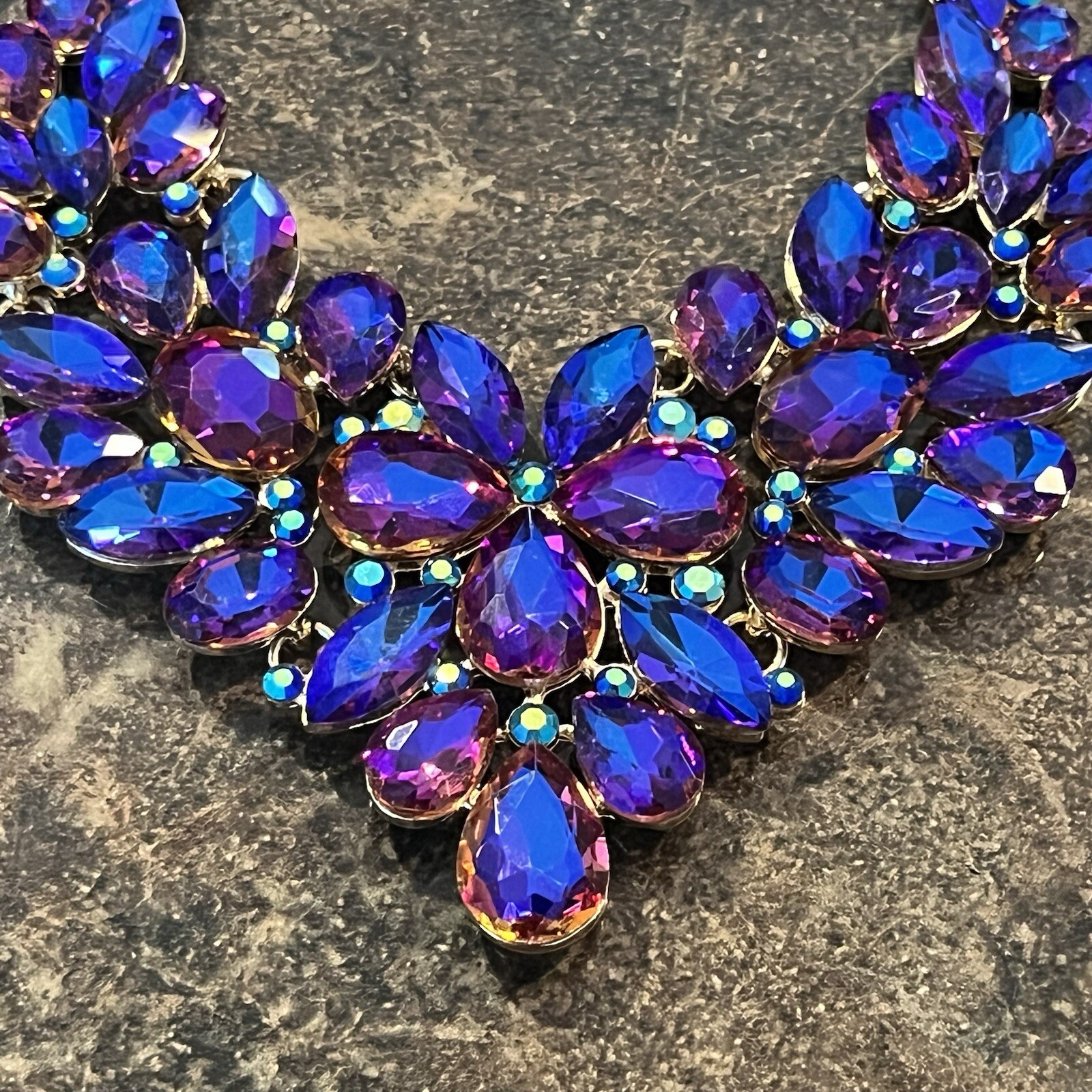 Necklace Iridescent Purple Blue Glass Rhinestone A/B 16” Foil Back STATEMENT