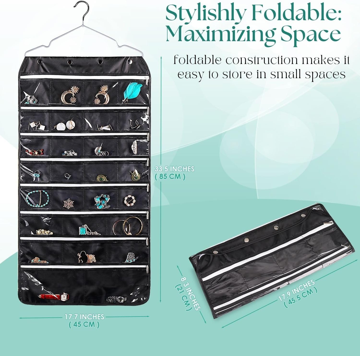 Hanging Jewelry Organizer with Zippered Pockets – (1 Pack) Black Closet Jewelry