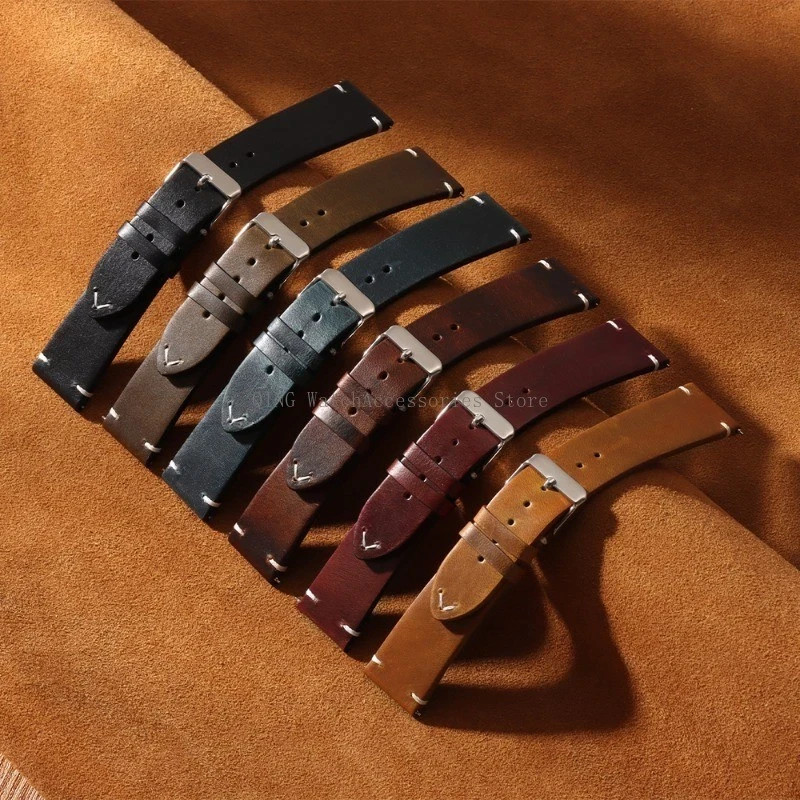 Retro Oil Wax Genuine Leather Watch Band 18 19 20 21 22 24mm Thin Cowhide Strap.