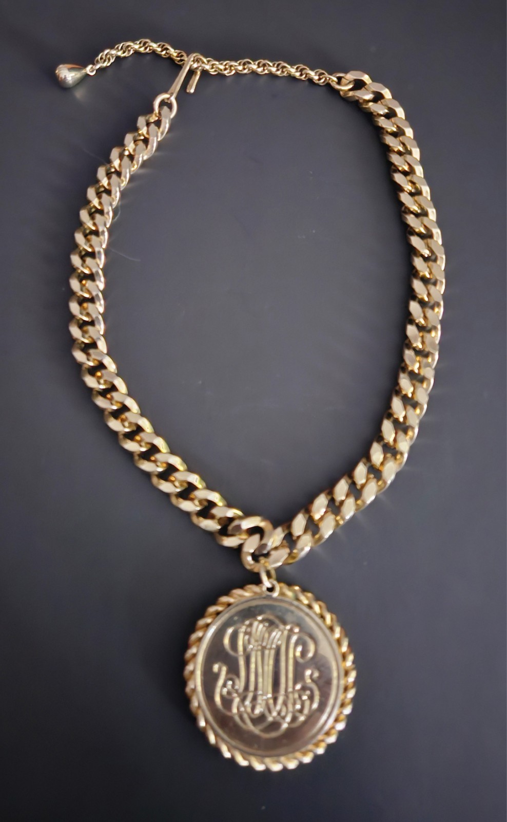 Gold Tone Monogram Medallion Pendant On Chunky Cuban Link Chain Vintage