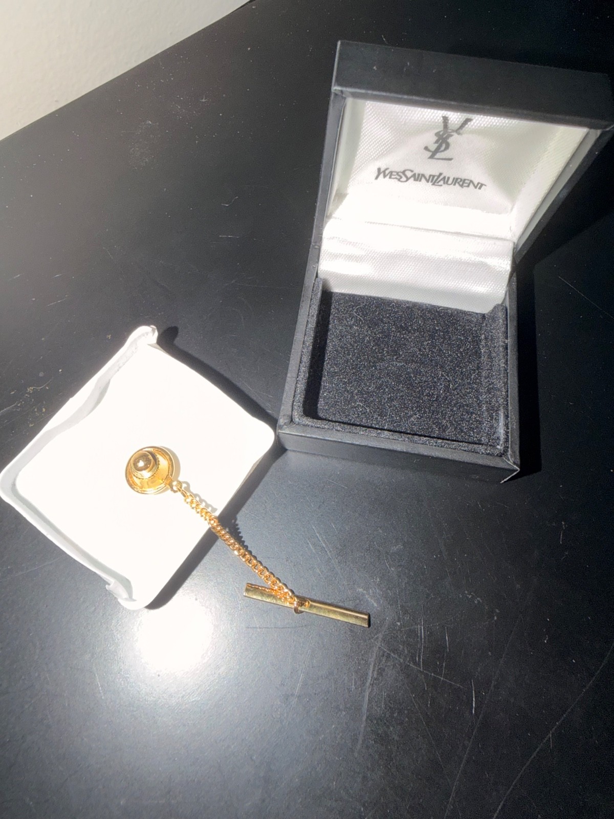 Vintage YSL Gold Tie Pin with Original Box