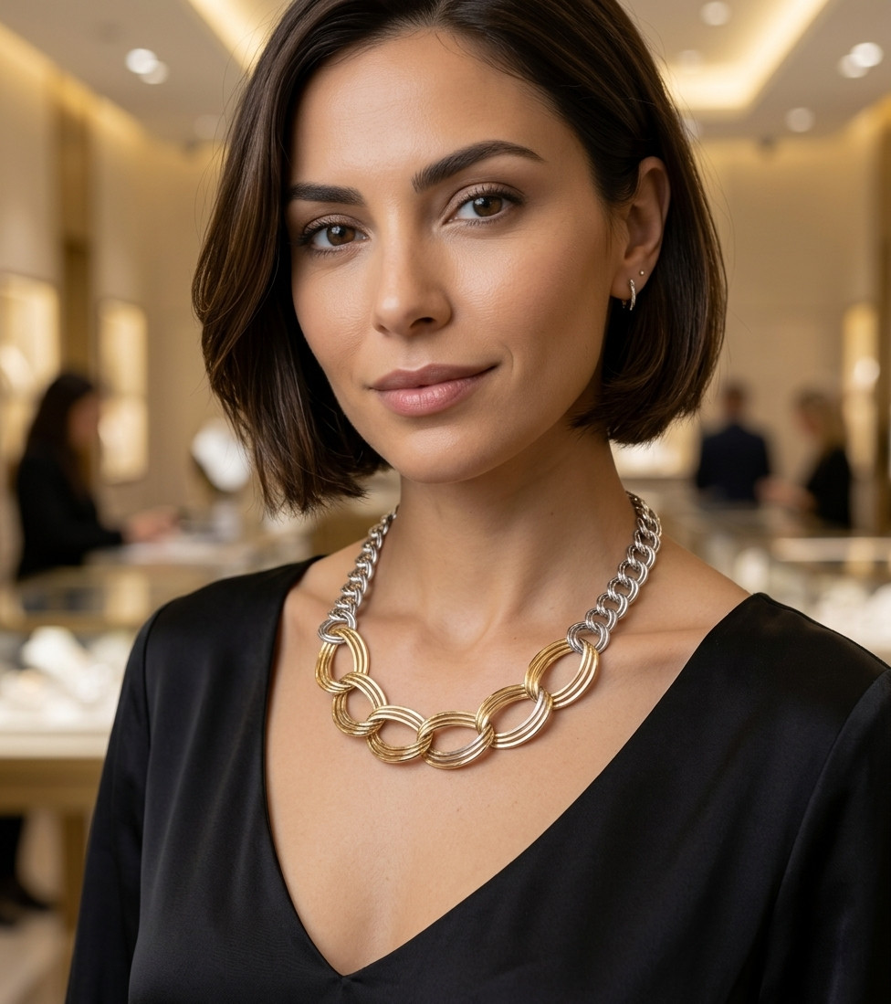 Graduated Triple Double Curb Chain Necklace 14K Two-Tone Gold Plated 925 Silver