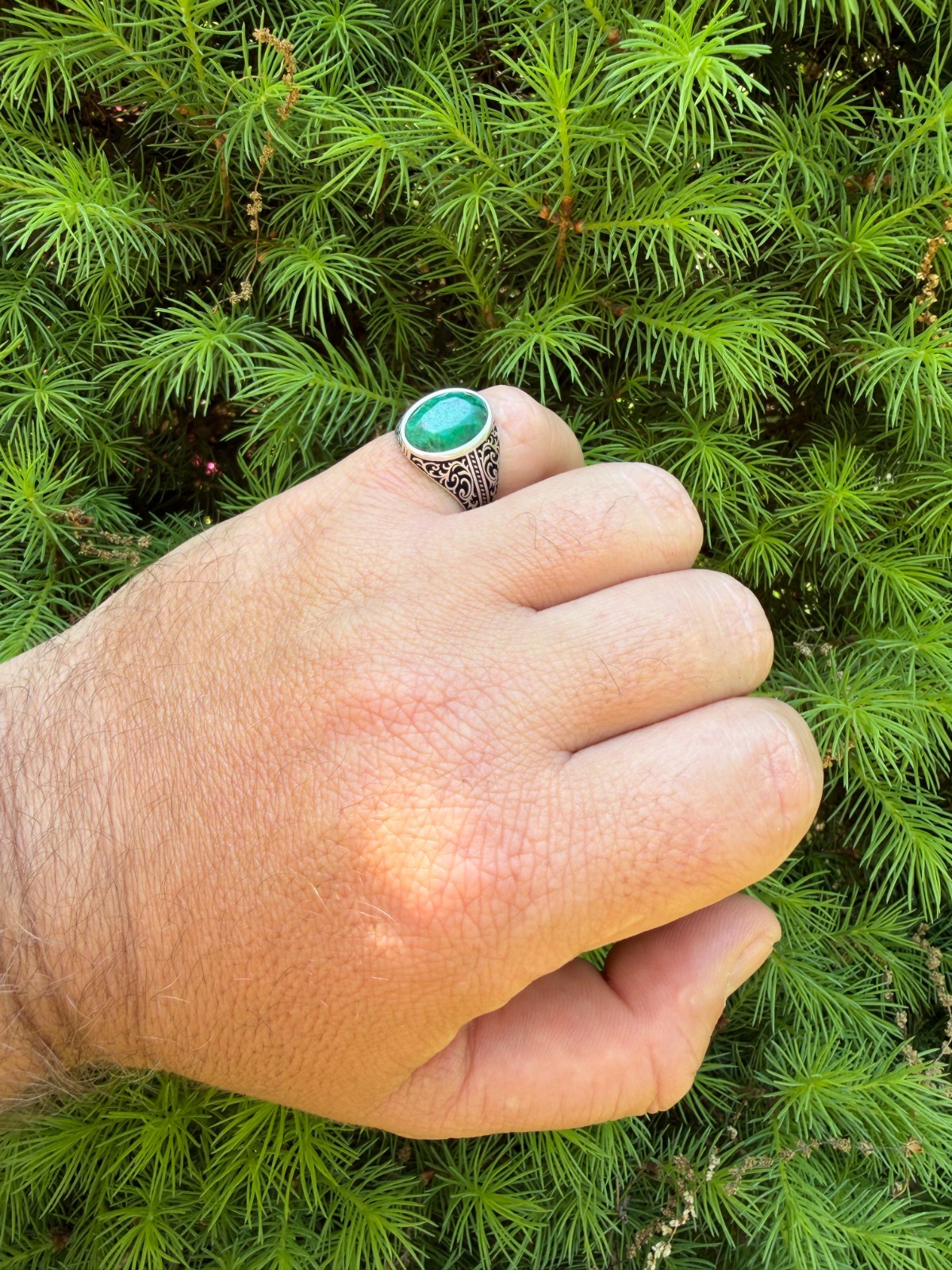 Real Columbian Green Emerald Stone Mens Solid 925 Silver Ring – Oxidized Vintage