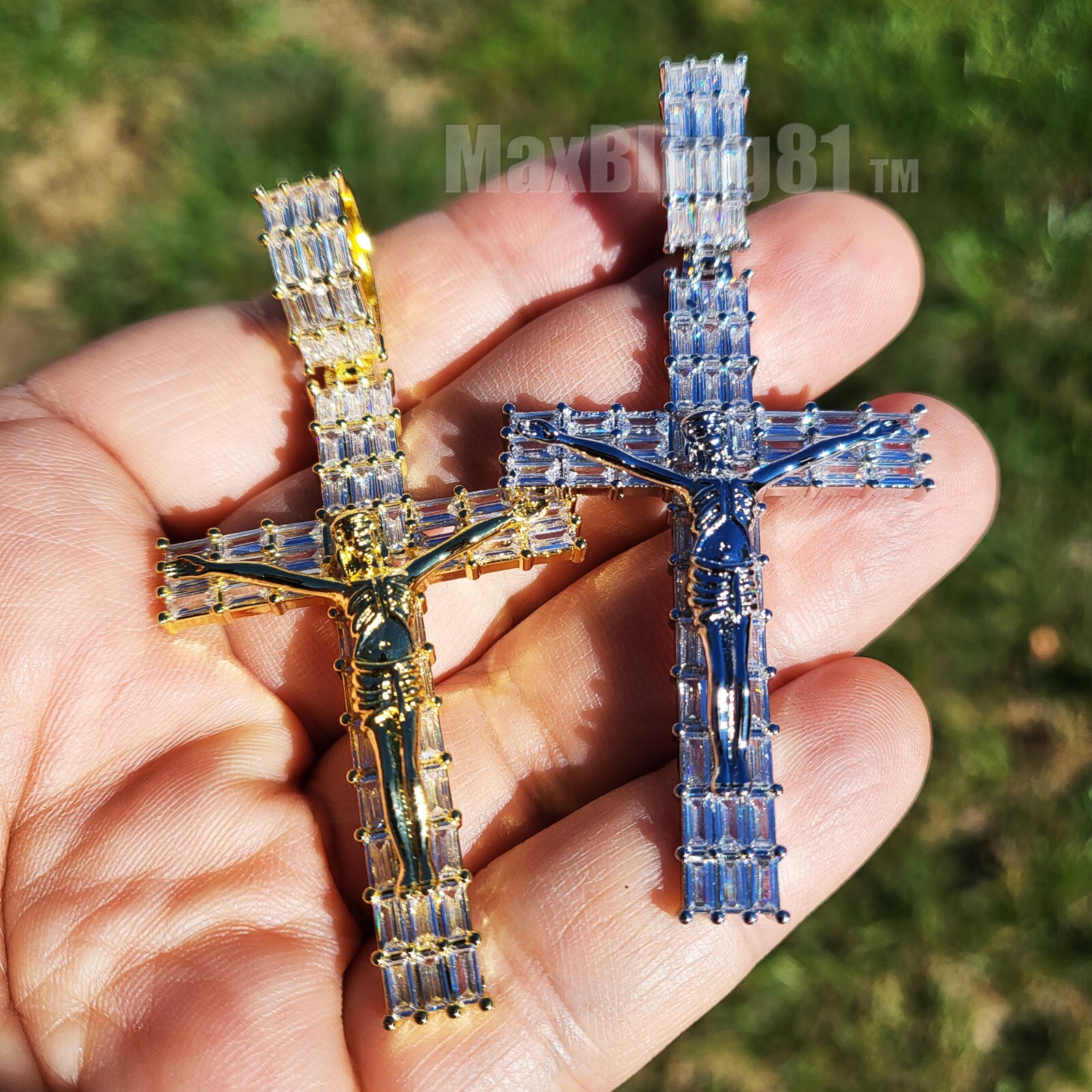 High-End Brass Crucifix Holy Jesus Cross Baguette Cubic Zirconia Charm Pendant
