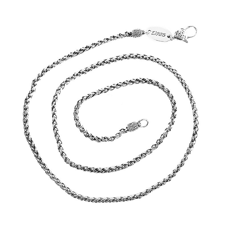 Men’s Thai Sterling Silver Spiga/Wheat Chain, 925, Reversible Lotus Tag Necklace