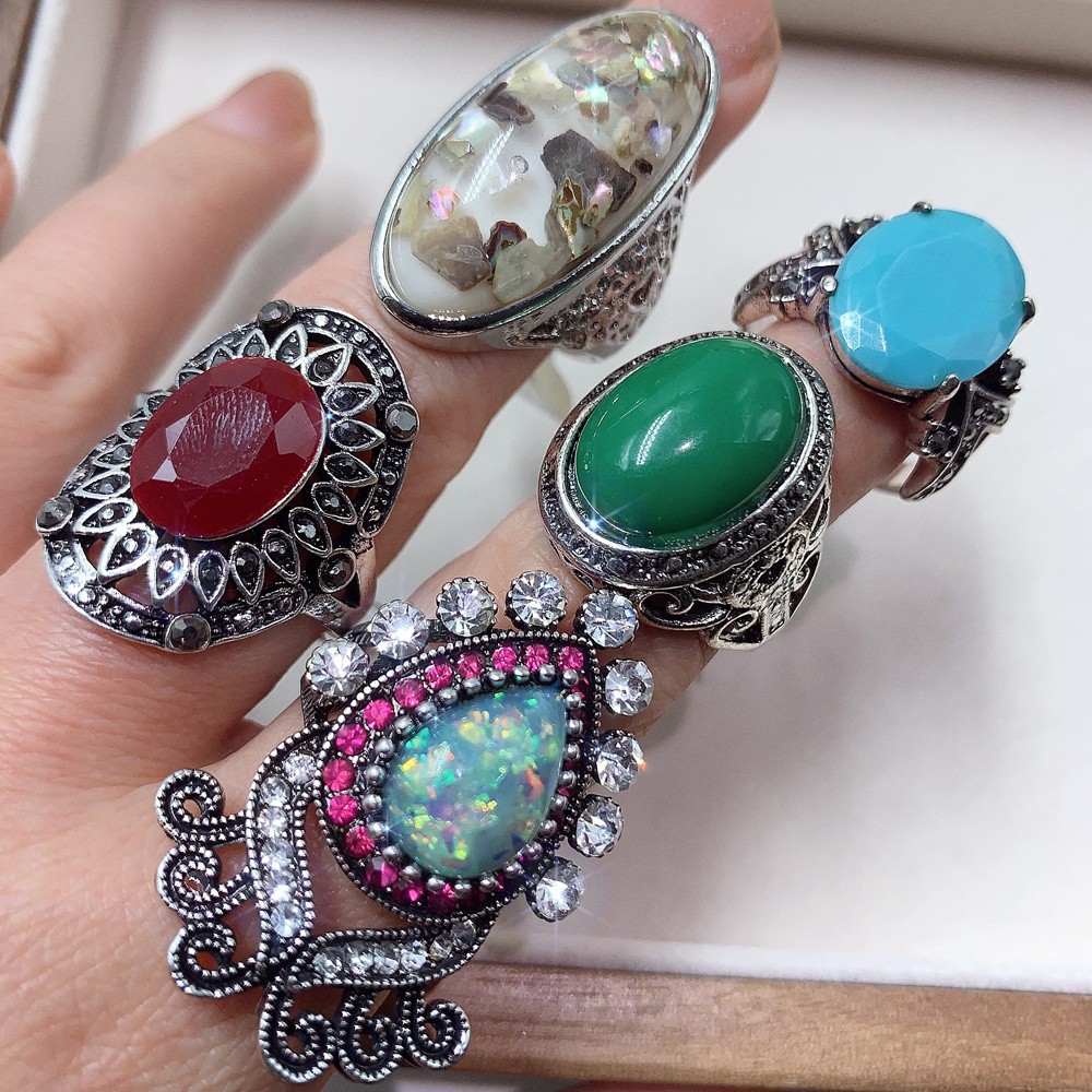 Vintage Elegant Ring For Women Men, 10pc Random Rings Inlaid Synthetic Turquoise
