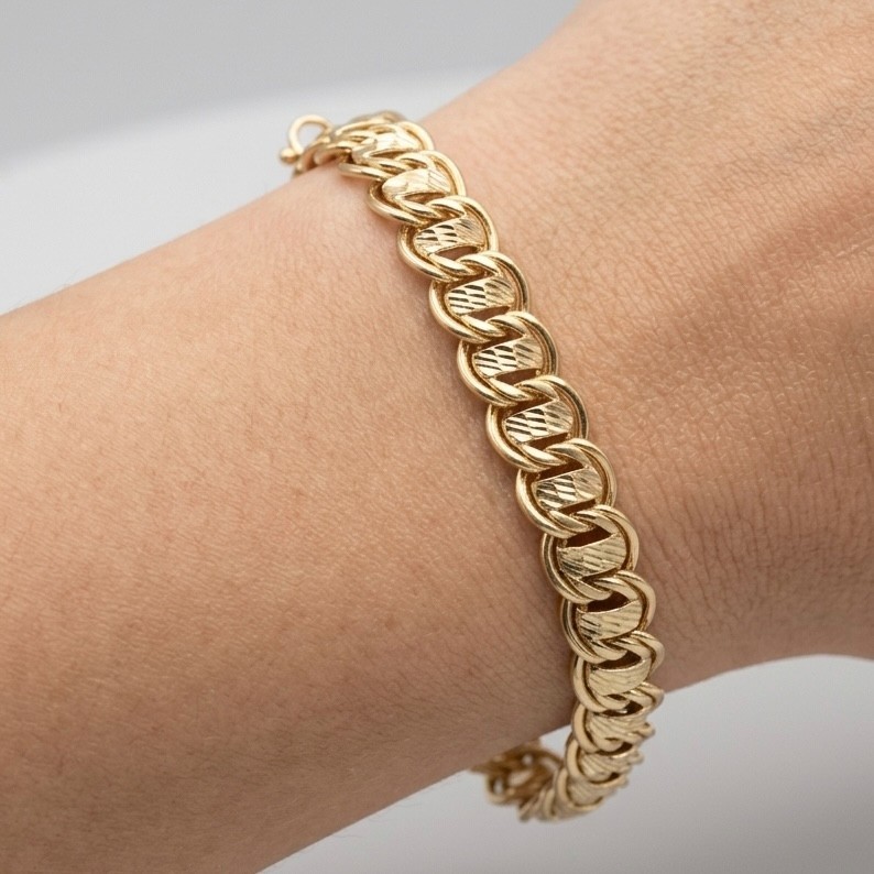14K Yellow Gold Diamond Cut Railroad Bracelet Double Curb Link 6.75″ – 8″ QVC