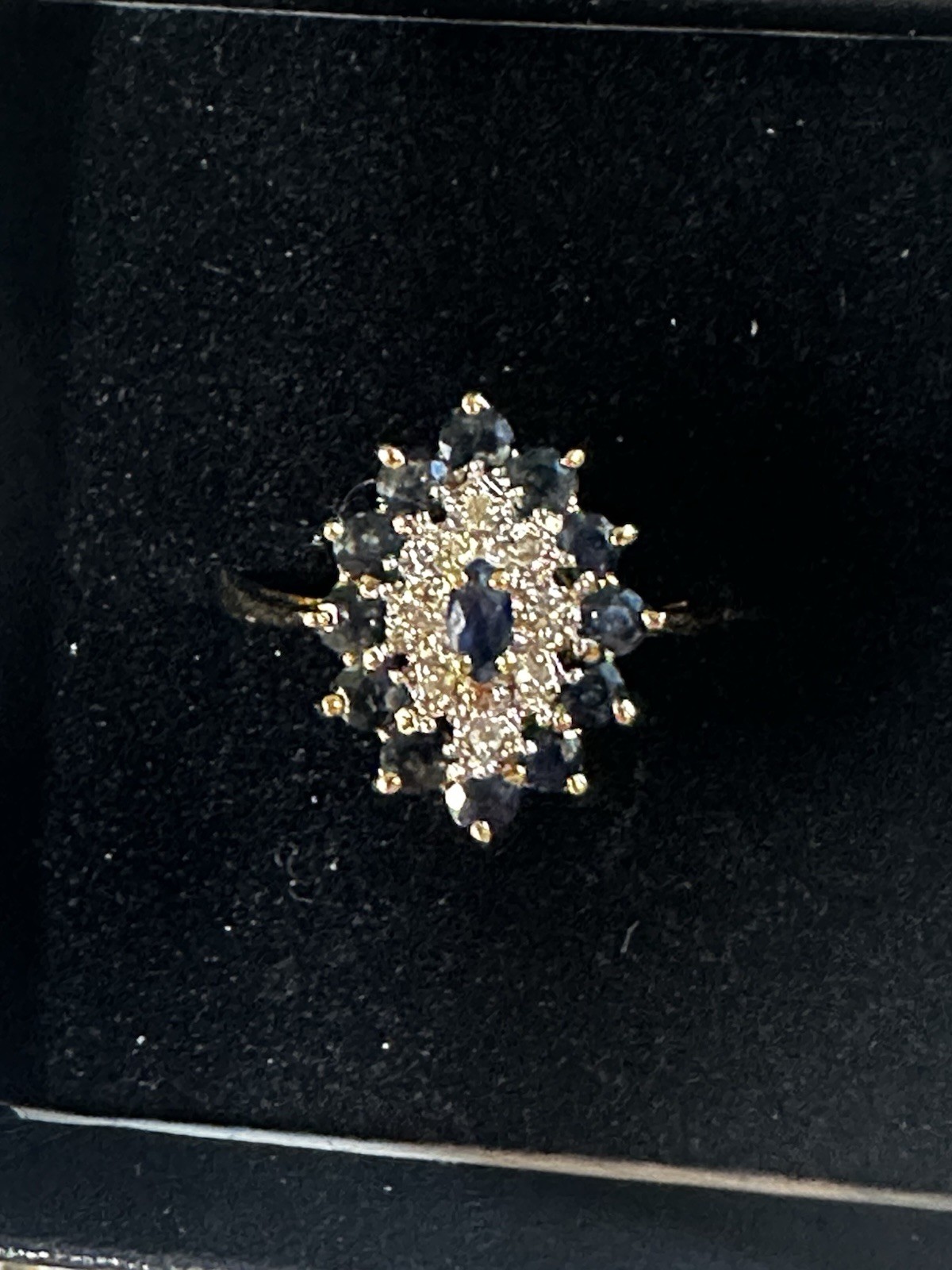 sumal 10K Yellow Gold Natural Blue Marquise Sapphire & Diamond Cluster Ring 7.5