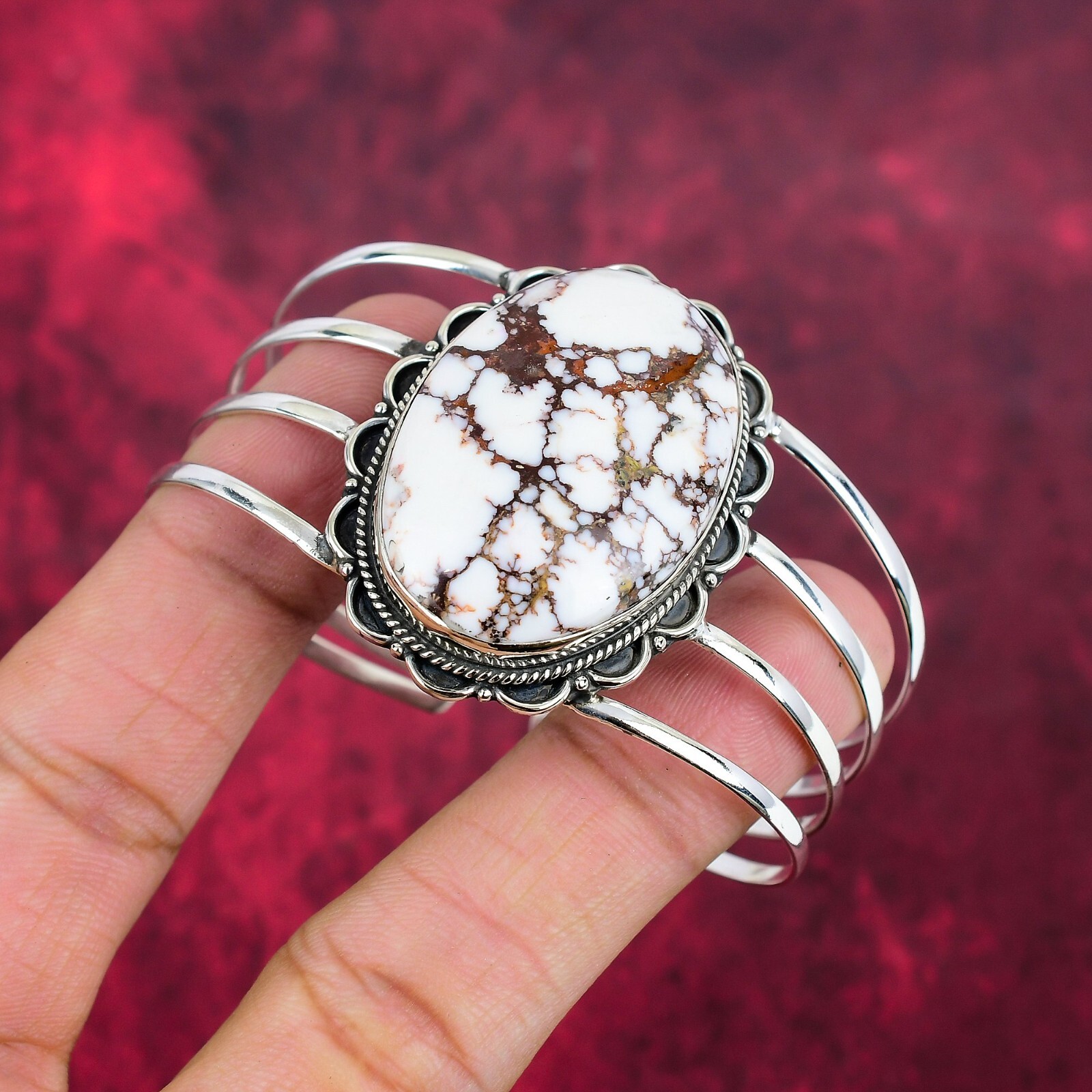 Wild Horse Gemstone Handmade 925 Sterling Silver Adjustable Bangle Jewelry