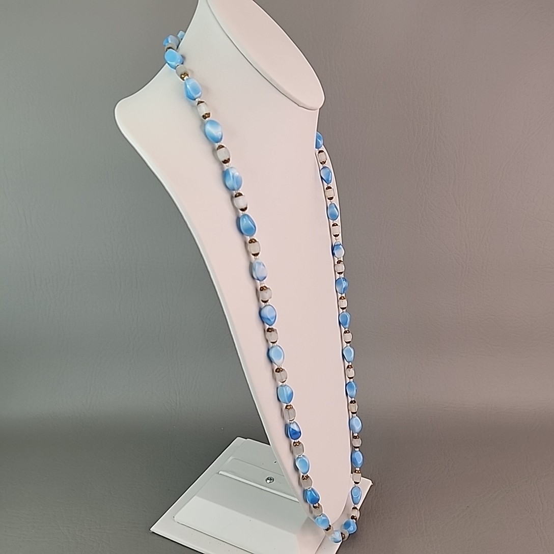 Vintage Glass Beaded Necklace Oval Blue White Frosted Atlas Endless 34″