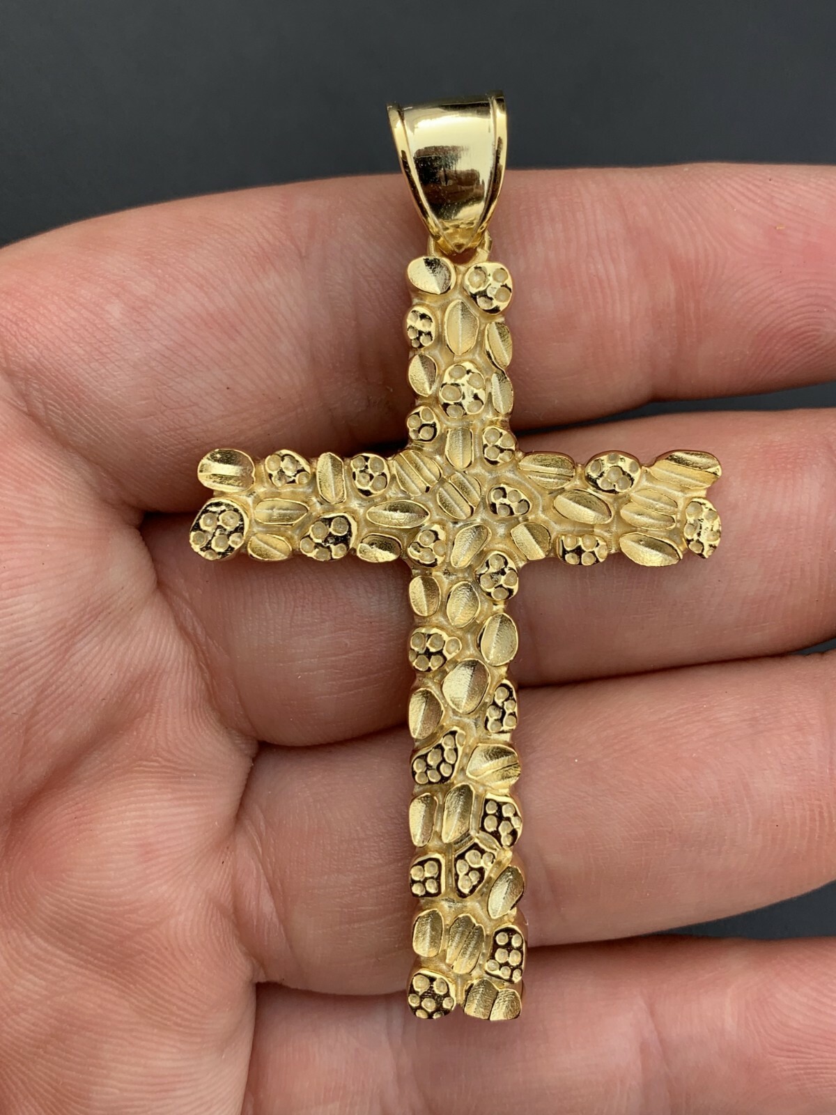 Mens Large Gold Nugget Cross 14k Gold Plated Solid 925 Silver Necklace Chain