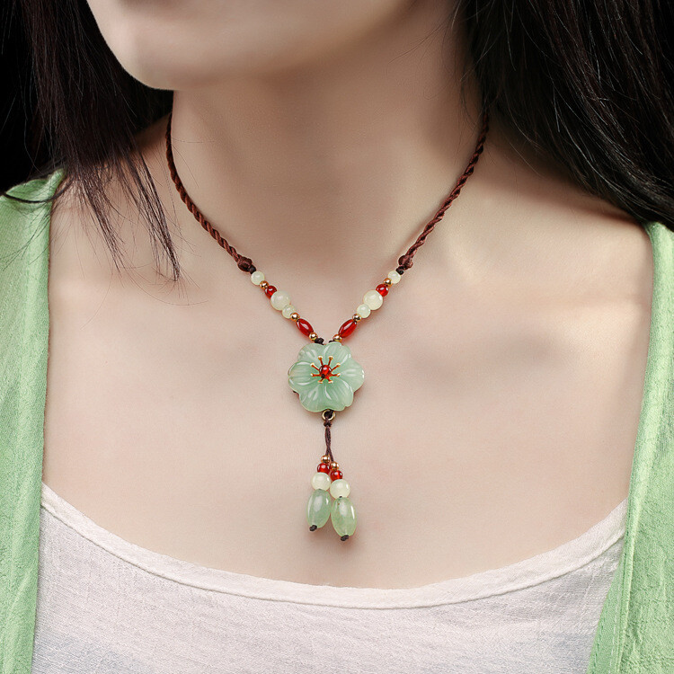Green Jade Flower Pendant Natural Necklace Gemstone 925 Silver Chalcedony women