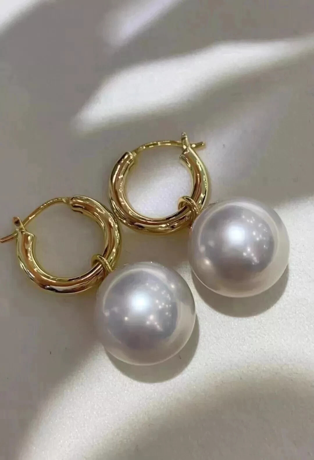 natural 12-11 mm South Sea white Pearl Earrings 14K YELLOW GOLD