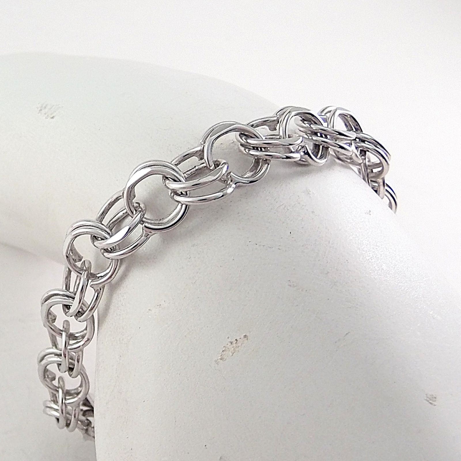 925 Sterling Silver Double Curb Link Charm Starter Bracelet 8.8 mm 7” 13.7 gram