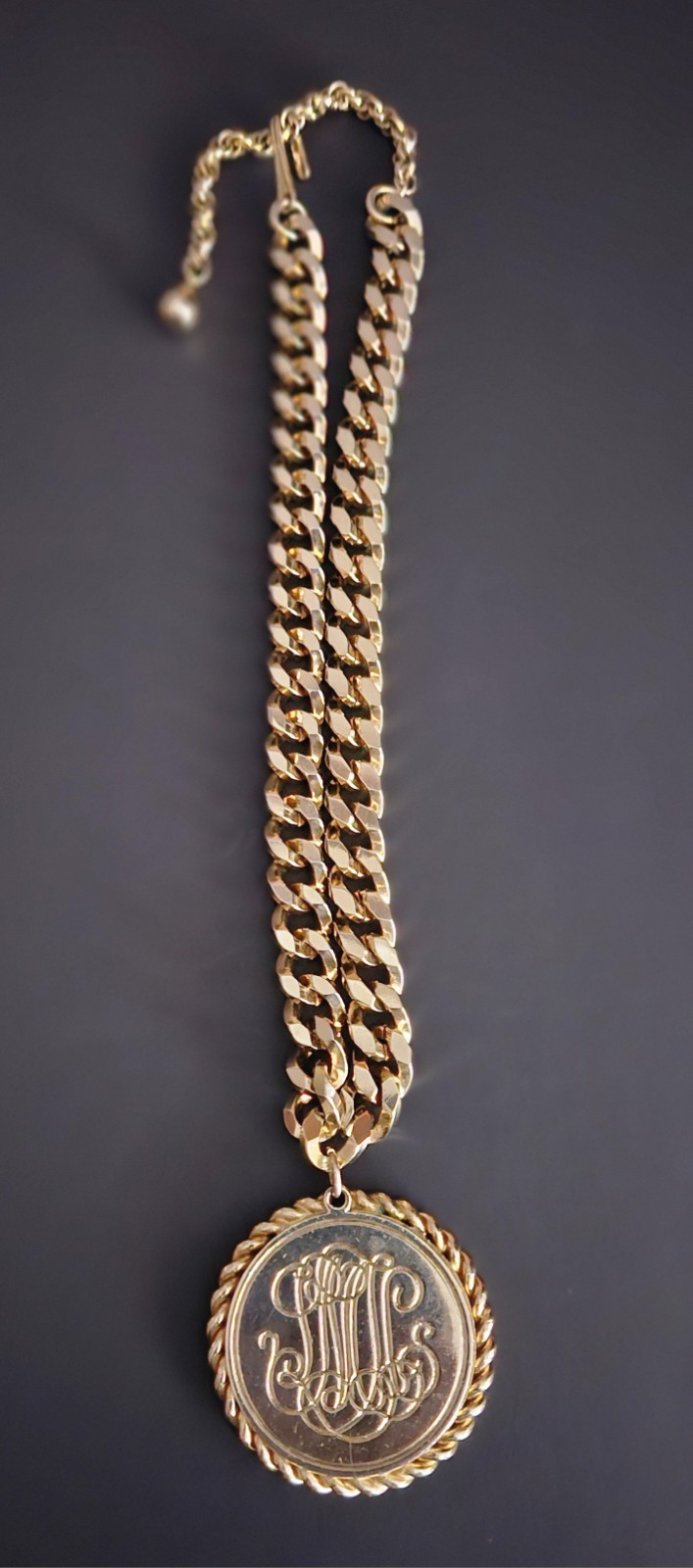 Gold Tone Monogram Medallion Pendant On Chunky Cuban Link Chain Vintage