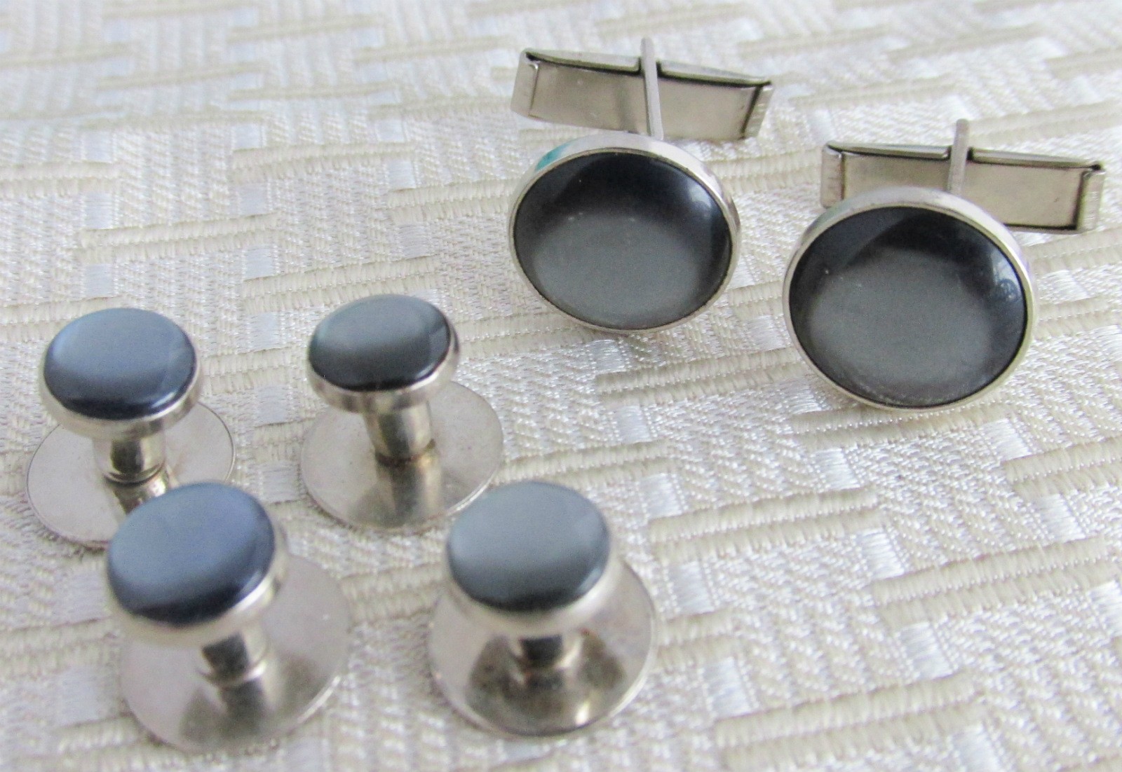 Vintage Gray Silver Plated Cufflinks & Studs Set Wedding Prom Special Occasion