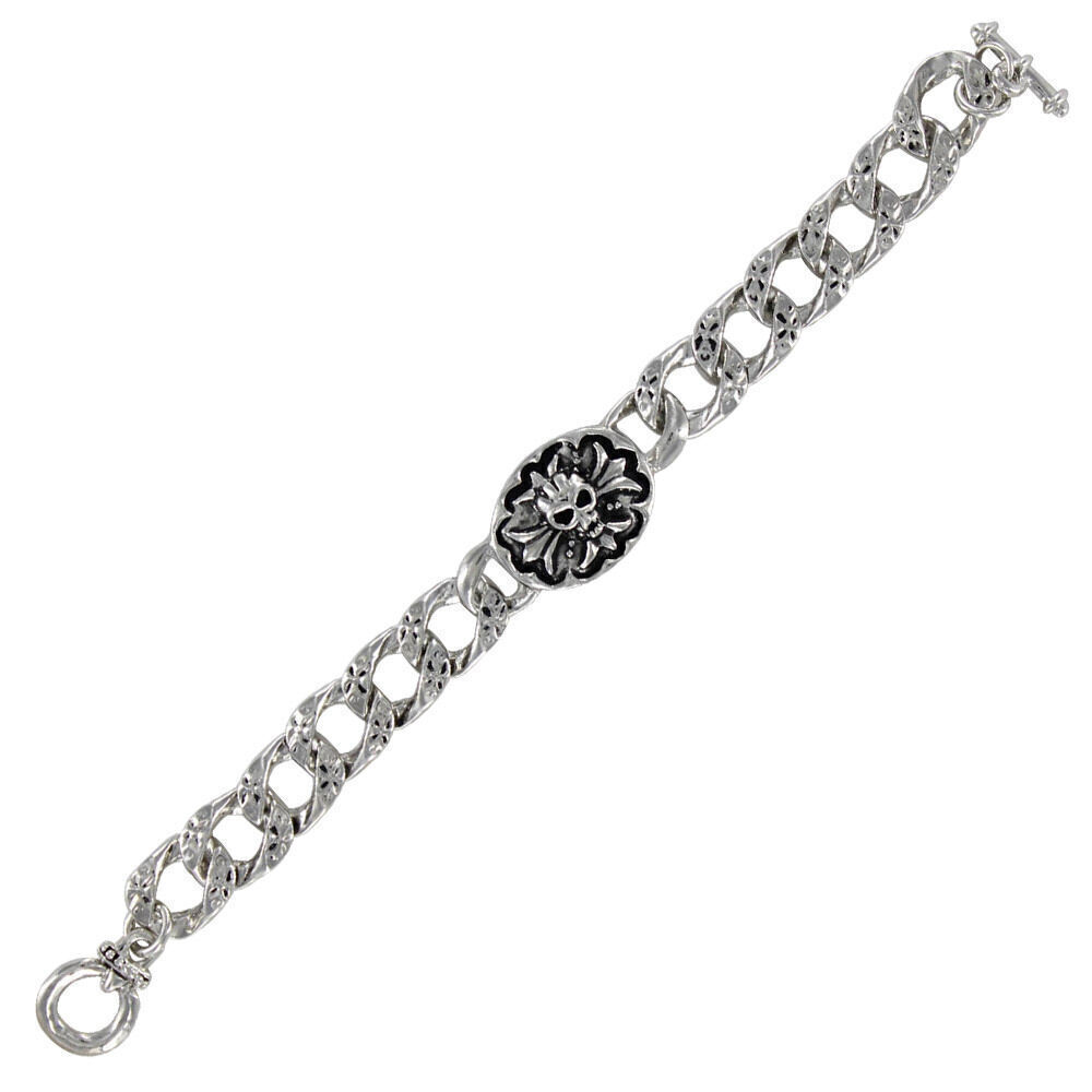 Unisex Bracelet Silver Color w/ Black Skull Emblem 7.5″ Length