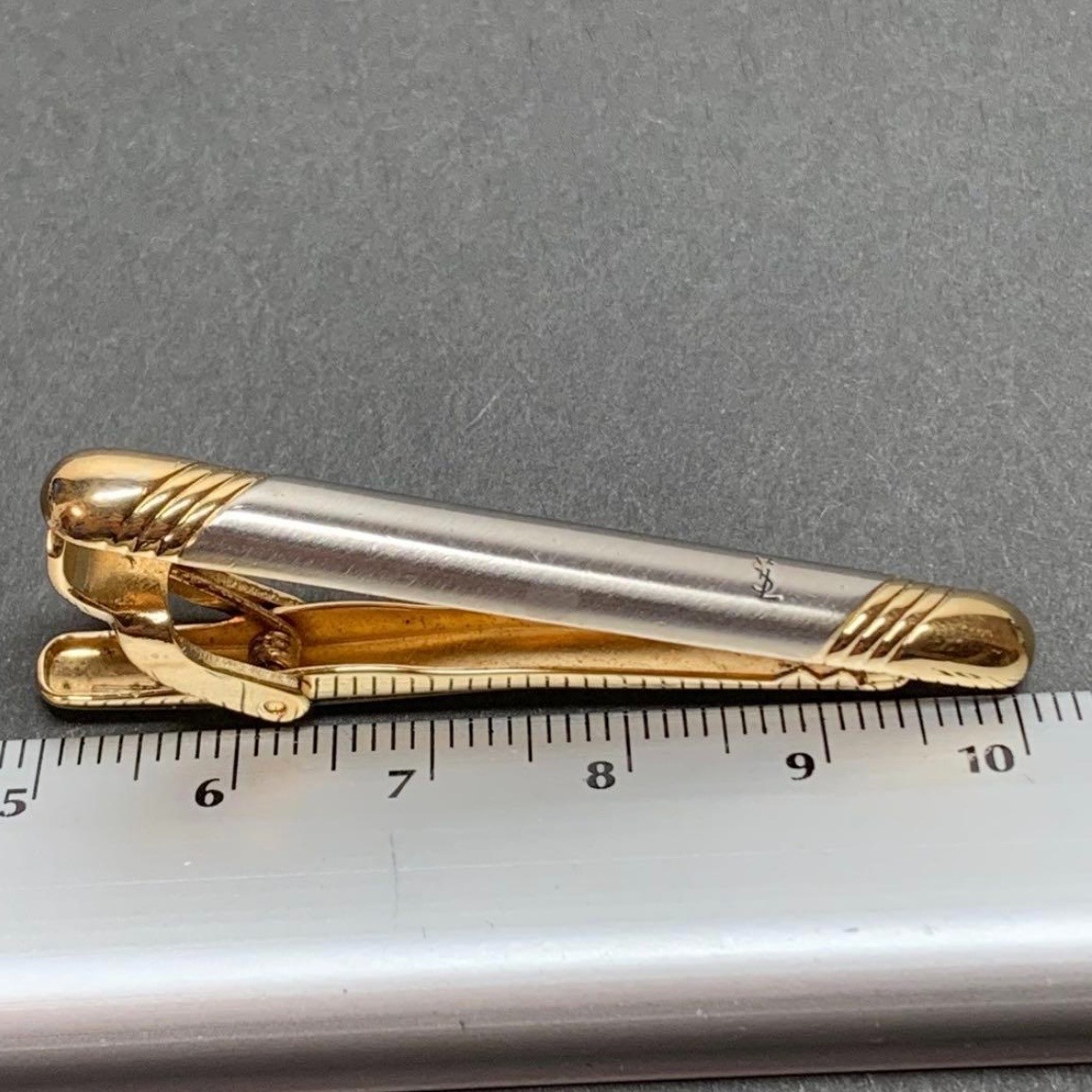 Yves Saint Laurent Tie Clip Bar Gold Silver Tone Mens Accessory Excellent⁠