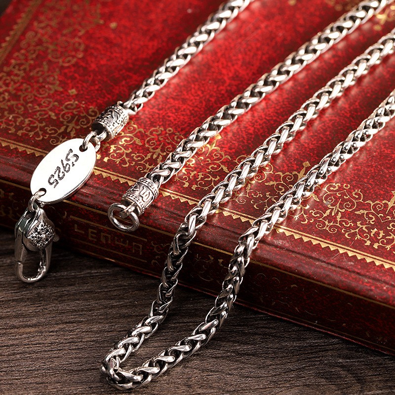 Men’s Thai Sterling Silver Spiga/Wheat Chain, 925, Reversible Lotus Tag Necklace