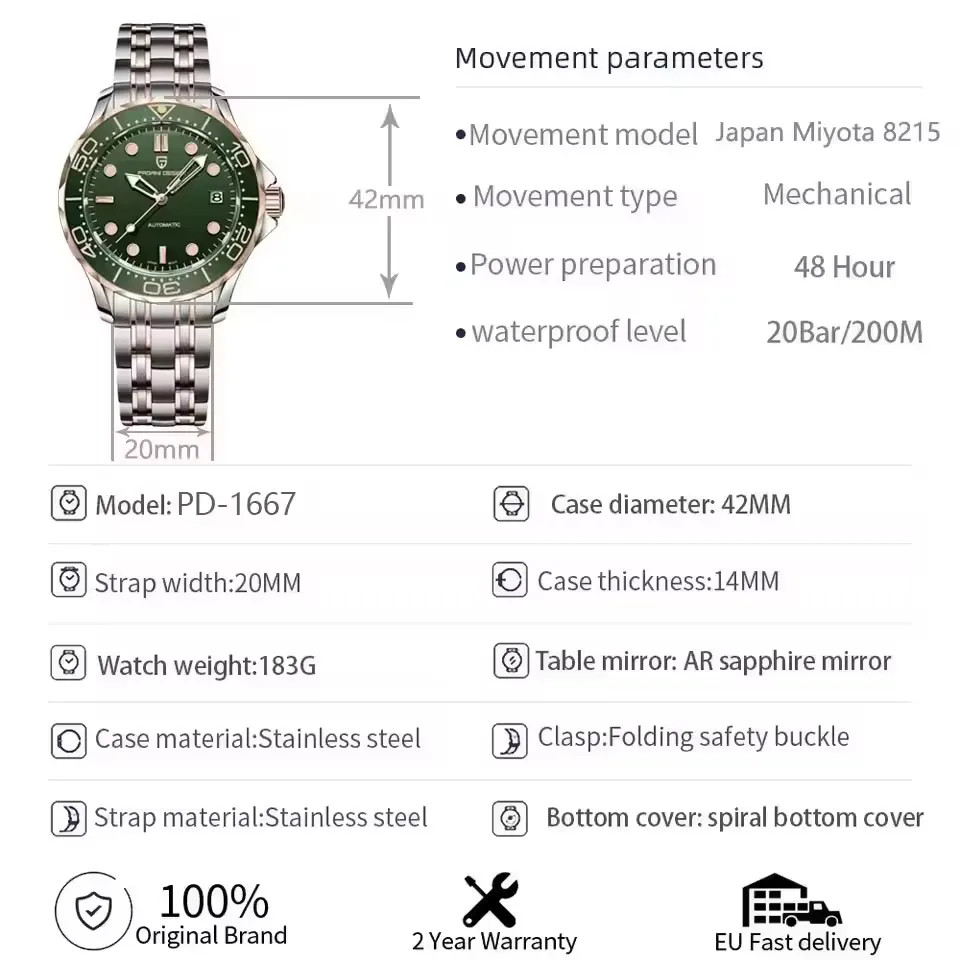 PAGANI DESIGN PD-1667 Watch, Ceramic Bezel Sapphire, 316L Stee Miyota 8215