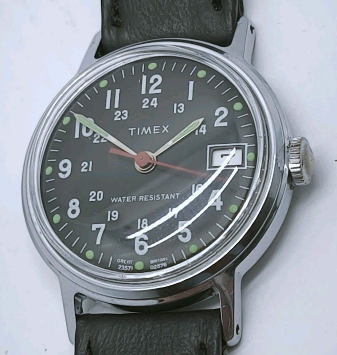 Vtg 1976 Timex Sprite Military Style Mechanical Date 30mm Watch Great Britain