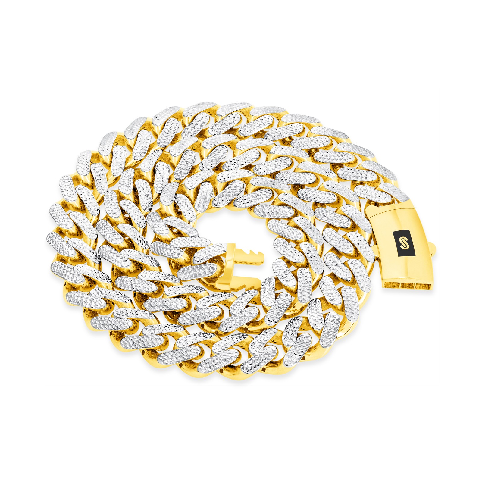 10K Yellow Gold Monaco Miami Cuban Pave Diamond Cut Chain Necklace, 7.5mm- 15mm