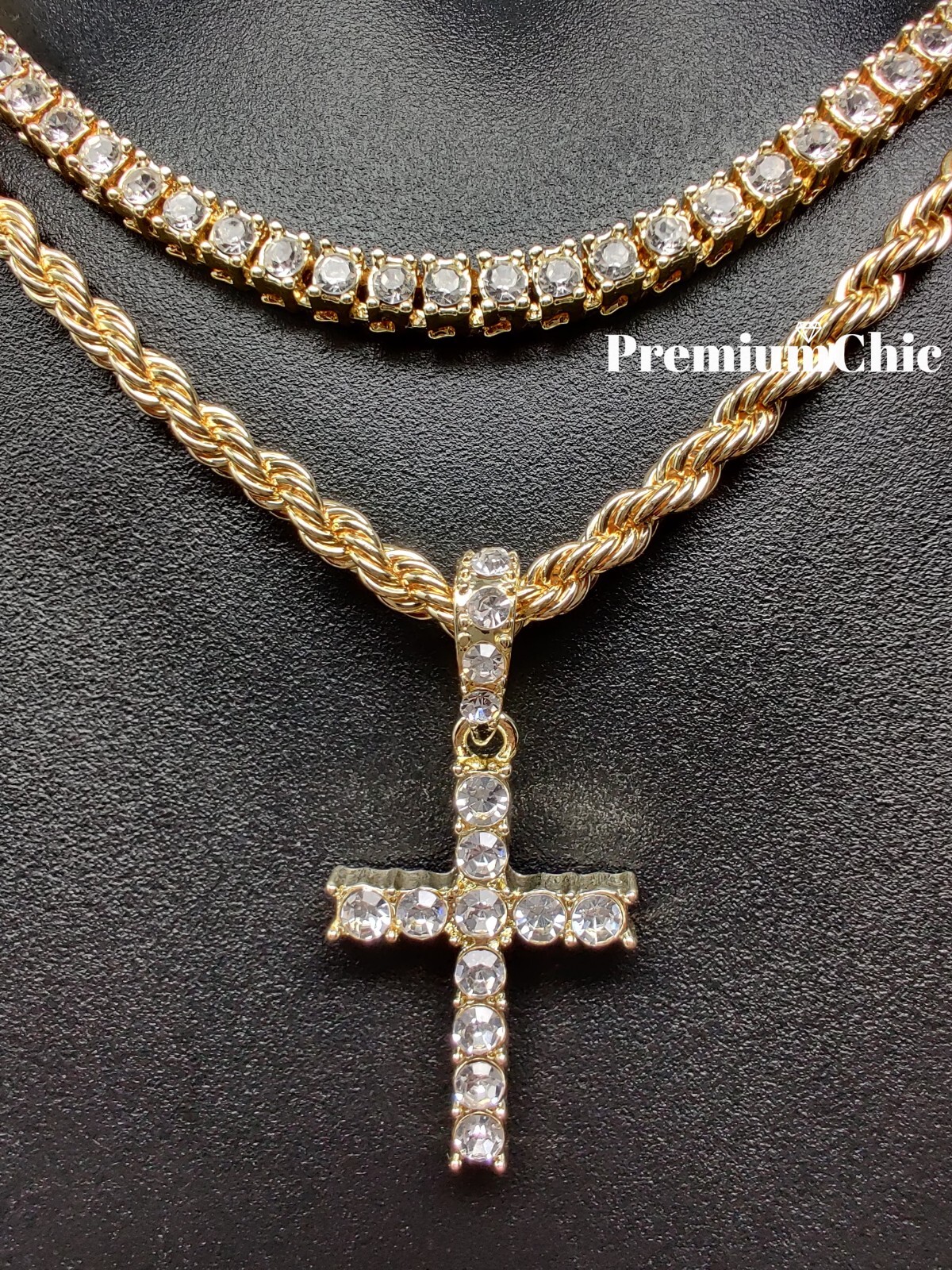 3pc Set, Tennis Choker, Rope Chain, Cross Pendant Mens Plated Hip Hop CZ Jewelry