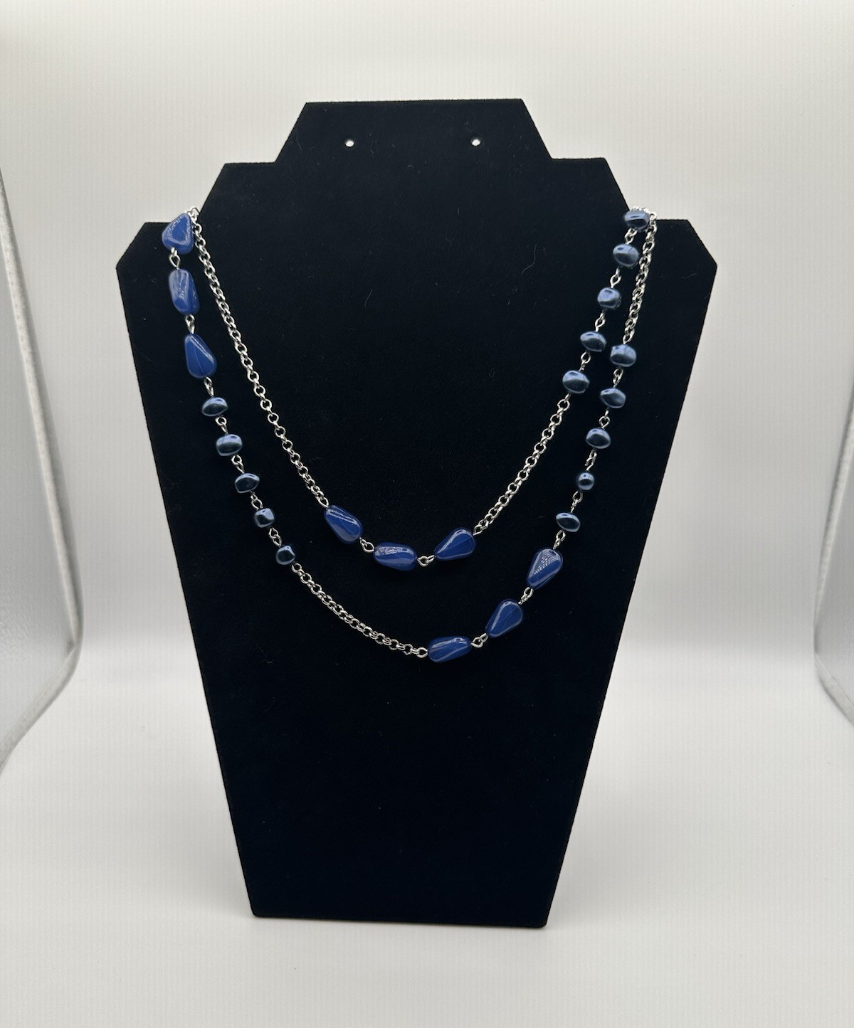 Statement Necklace Blue Beads Silver Tone Layered Cable Chain 36+ in
