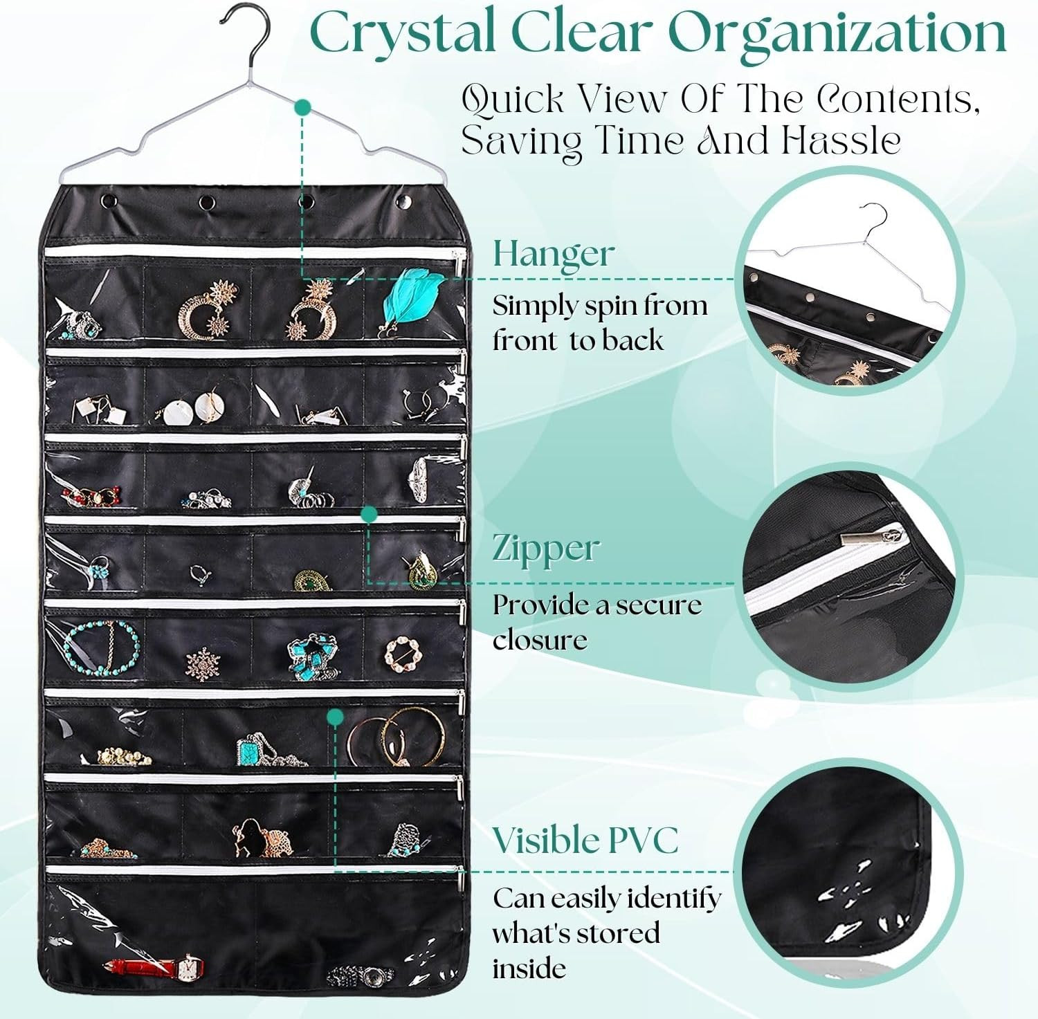 Hanging Jewelry Organizer with Zippered Pockets – (1 Pack) Black Closet Jewelry