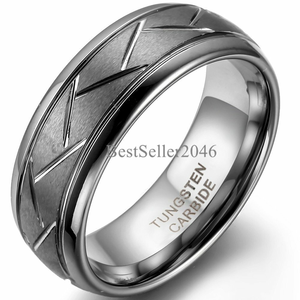 8mm Dome Grooved Comfort Fit Men Tungsten Carbide Brushed Wedding Ring Size 7-12