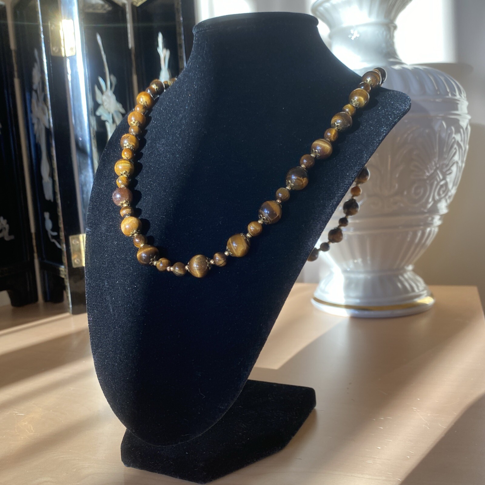 Vintage Tigers Eye Necklace Estate Fine Jewelry Pre-Owned Floral Filigree 25″