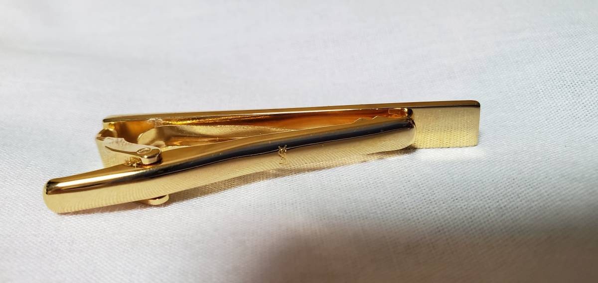 Rare Yves Saint Laurent Vintage YSL Logo Shiny Combination Tie Pin Gold Stripe